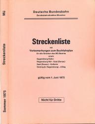 Deutsche Bundesbahn: Streckenliste mit Vorbemerkungen zum Buchfahrplan für alle Strecken des BD-Bezirks sowie regensburg hafen, Regensburg Hbf-Saal (Donau), Saal (Donau)-Kelheim, Sinzig (b. Regensburg)-Alling, gültig vom 1. Juni 1975 an